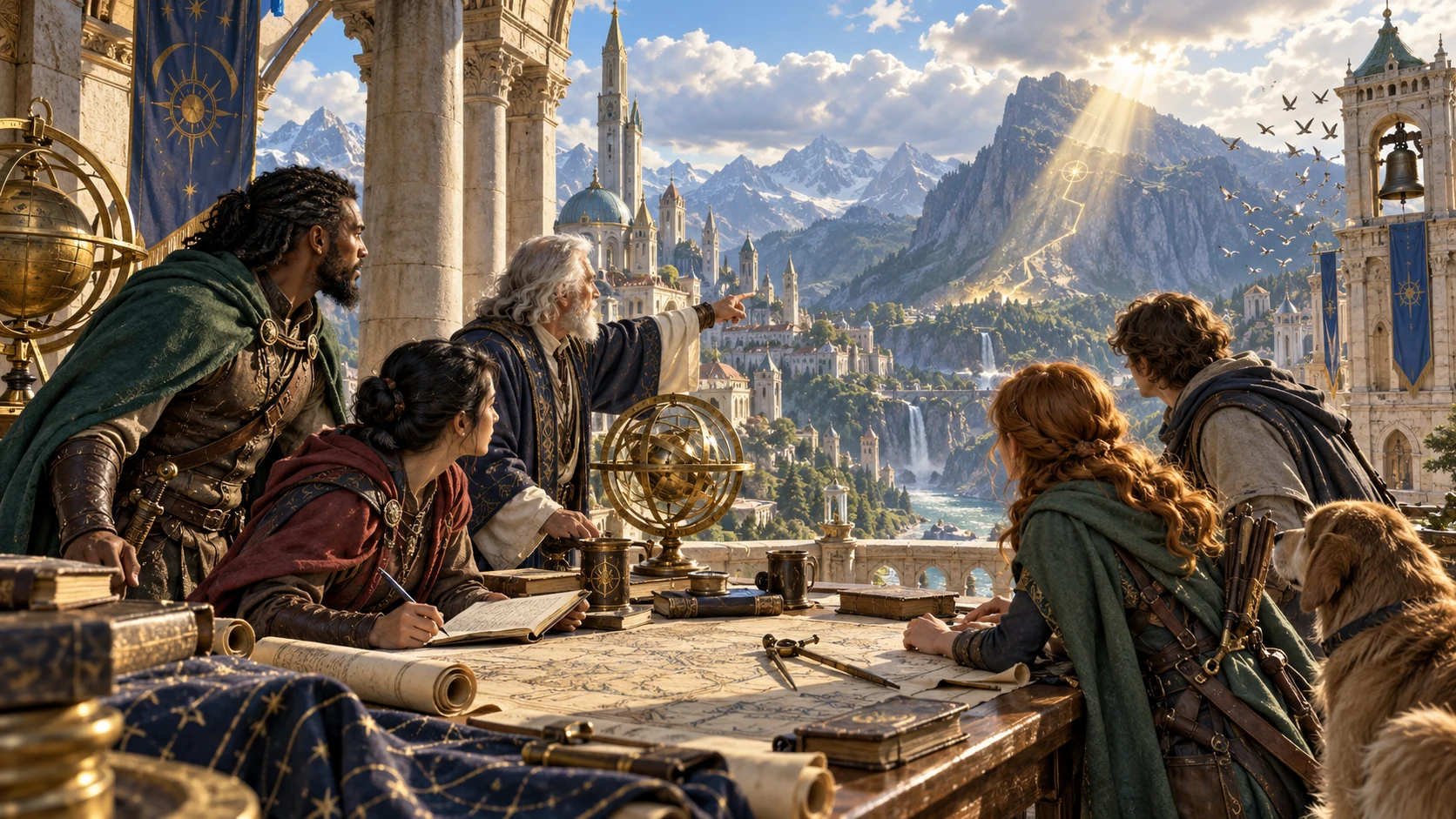Illustrated fantasy companions see clouds part to illuminate a mountain route while studying charts at an observatory.