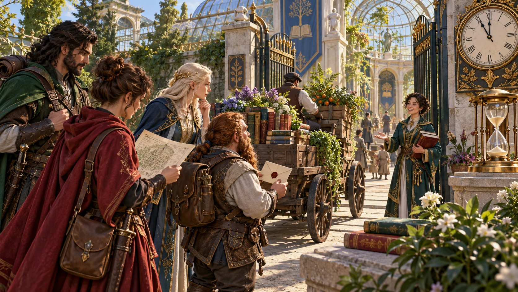 Illustrated fantasy companions approach an archive as a delivery cart creates a brief opening beside a clock and hourglass.