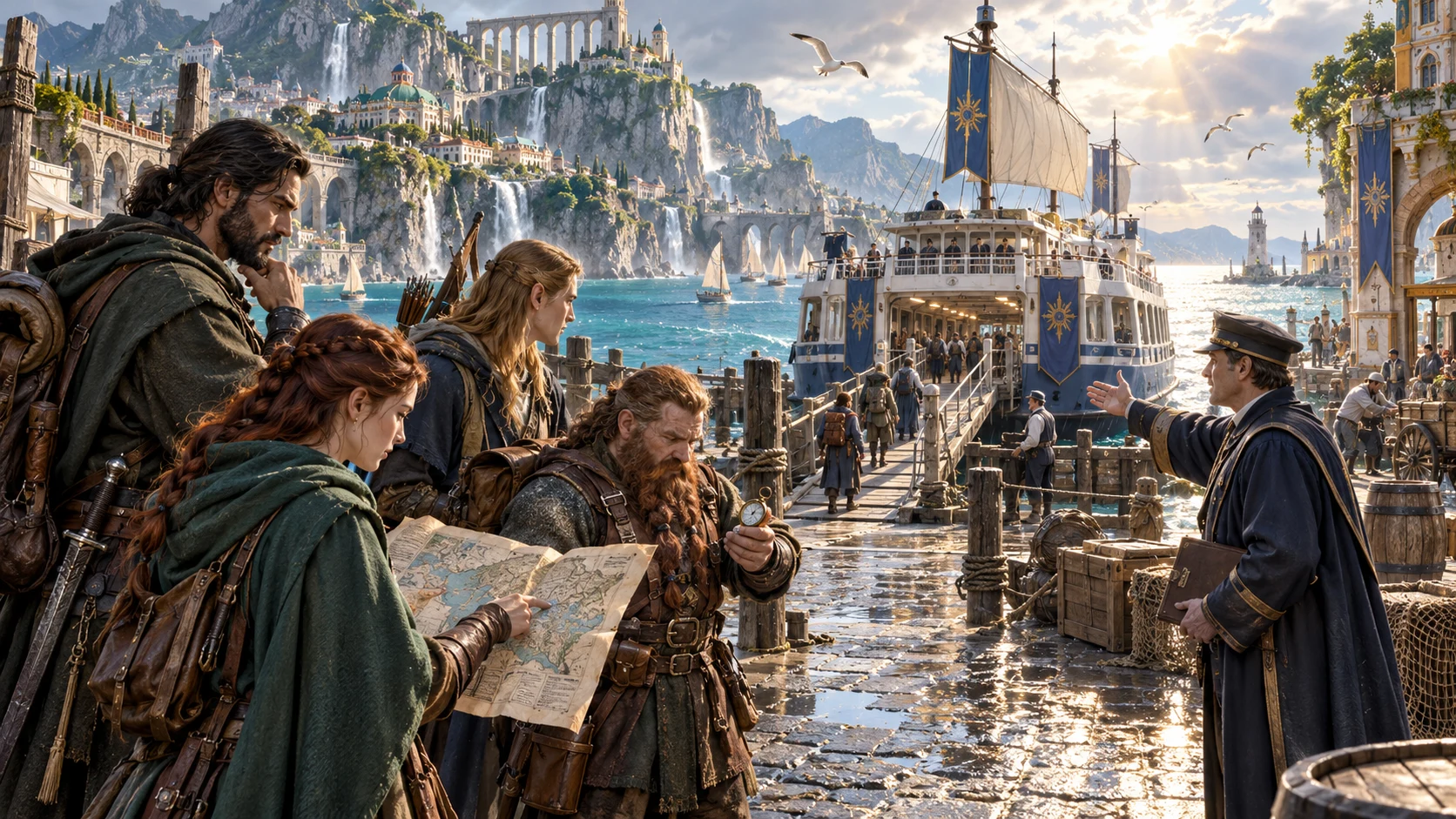 Illustrated fantasy companions consult a map and a watch beside a ferry gangway at a sunlit harbour.